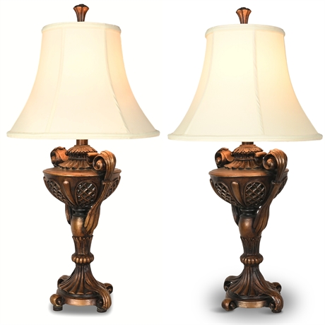 Pair of Ornate Urn-Style Table Lamps – Bronze Finish, 3-Way Switch, 31” Tall