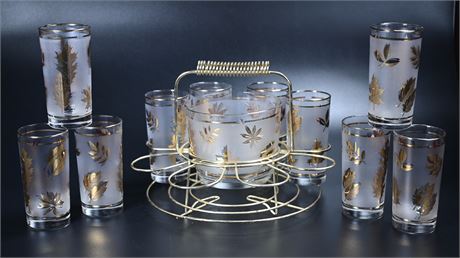 1950's Libbey Frosted Gold Leaf Barware