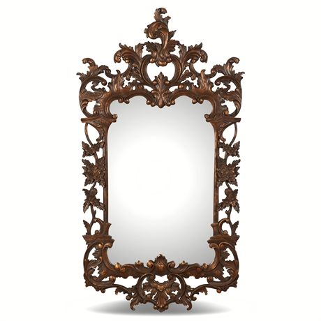 Rococo-Style Beveled Mirror with Intricate Hand-Carved Walnut Frame