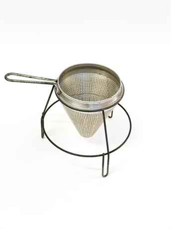 Vintage Aluminum Cone Shaped Sieve Fruit Strainer with Metal Stand