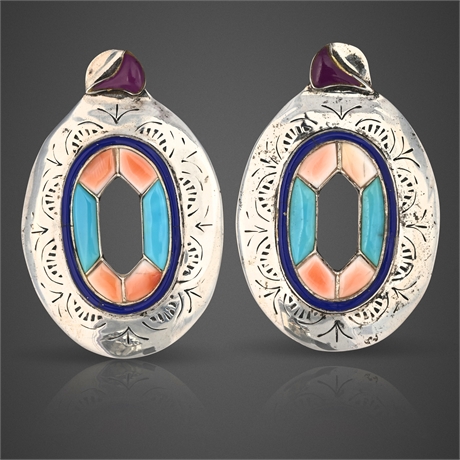 Zuni/Navajo Sterling Multistone Inlay Earrings – Turquoise Lapis Sugilite