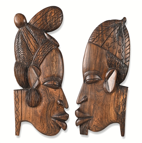 African Bubinga Carved Profile Plaque Pair 13" & 12" — Mid-Century Ghana