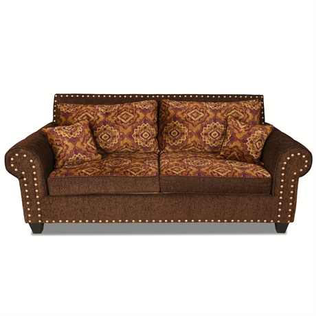 Southwest Ranch-Style Sofa with Studded Trim & Reversible Cushions