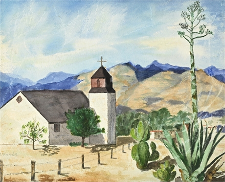 M. Reede Original Watercolor – Southwest Mission Scene, Framed 16" x 20"