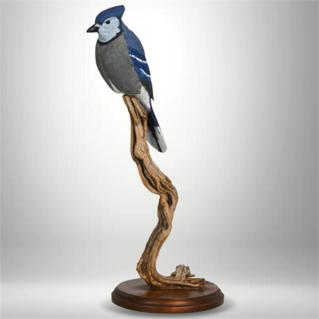 Hand-Carved Blue Jay Sculpture by Mac McCullough, Signed and Dated