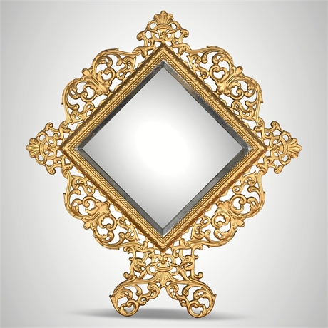 Antique Rococo Revival Gilt Cast Iron Diamond-Form Beveled Easel Mirror