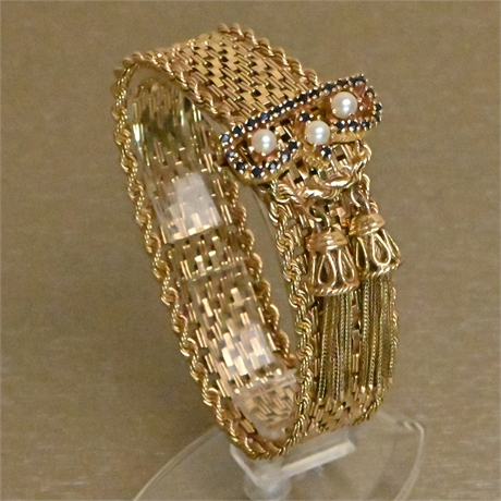 14K Gold Sapphire & Pearl Tassel Bracelet