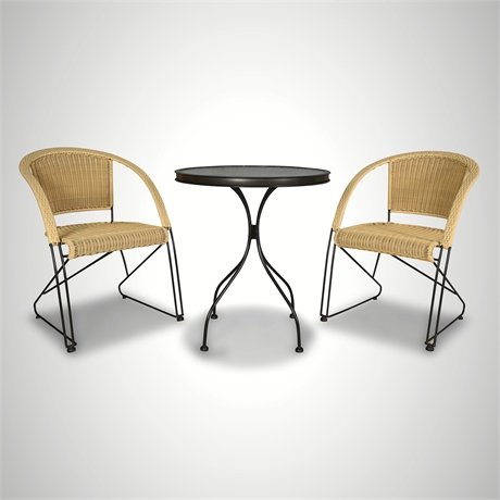 Wicker & Wrought Iron Bistro Set — Table & 2 Chairs