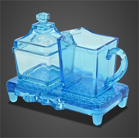 Czech Art Deco Blue Pressed Glass Sugar, Creamer & Footed Tray c.1930s