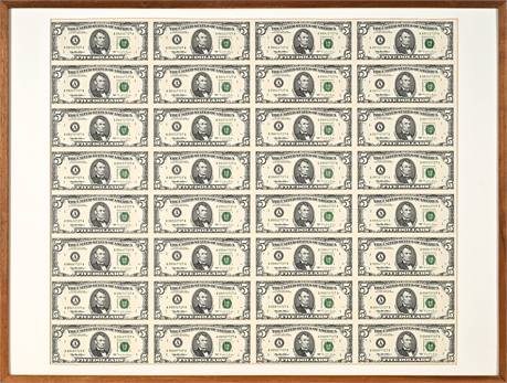 1995 $5 Uncut Sheet – Fancy Repeater A99872727A – Boston District – Framed 32 No