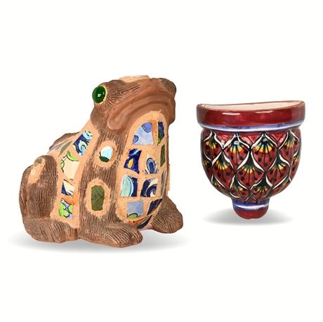 Mexican Folk Art Ceramic Frog & Talavera Wall Pocket, Signed