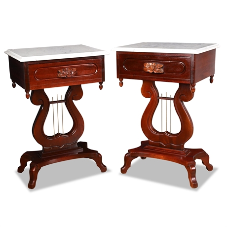 Pair of Mahogany Lyre-Base Side Tables w/ Marble Tops & Brass Harp Strings