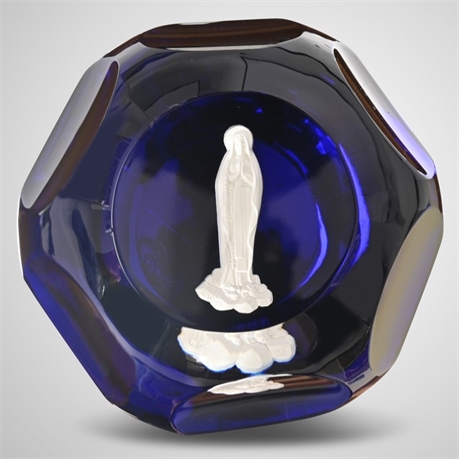 Cobalt Blue Baccarat France Glass Paperweight with Sulphide Cameo