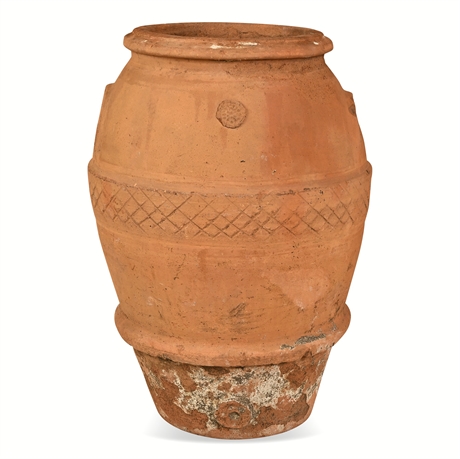 Antique Terracotta Storage Jar, Pitch-Lined Interior, Lattice Band