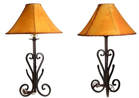 Pair Wrought Iron Lamps with Cowhide Shades