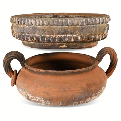 Pair of Terracotta Vessels – Double Handled & Relief Rim, Rustic Finish