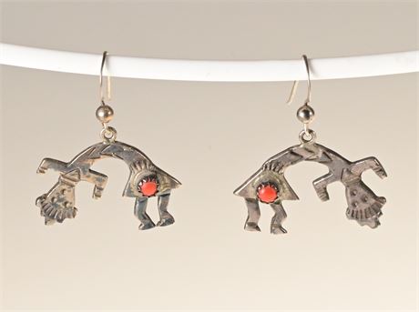Sterling Silver and Coral Kokopelli Earrings