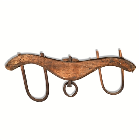 Antique Primitive Double-Bow Oxen Yoke, Hand-Hewn Wood & Hand-Forged Iron