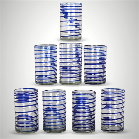 Set of 8 Mexican Mouth-Blown Cobalt Blue Swirl Cups – 5¼"