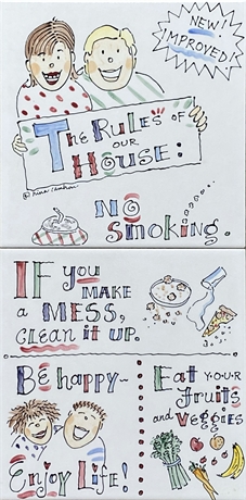 "House Rules", Hand-Drawn & Hand-Painted Ceramic Tile by Nina Cambron