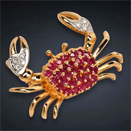 14K Diamond & Ruby Crab Brooch