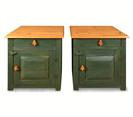 Rustic Pine Green Nightstands Pair – Tree Knobs, Natural Wood Top