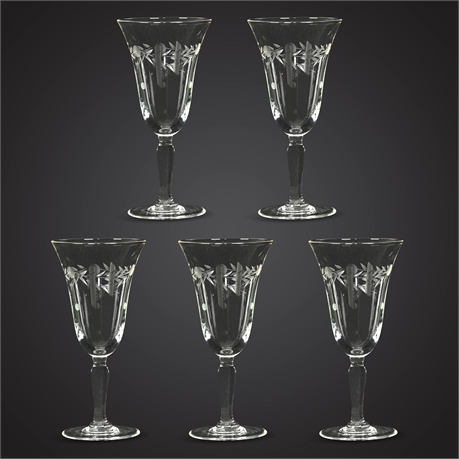 Set of 5 Vintage Etched Crystal Wine Glasses – 5” Tall, Floral Pattern