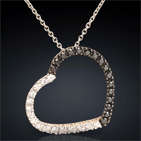 14K .55 Carat Black and White Diamond Gold Heart Pendant Necklace