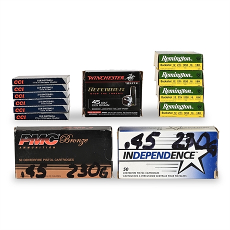Mixed Ammunition Lot — .45 Colt, .45 ACP, 12 Gauge Buckshot & .22 LR Shotshell