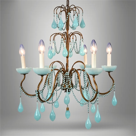 Italian Gilt 6-Light Chandelier with Aqua Opaline Murano Glass Drops