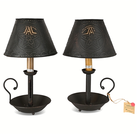 Pair of 17" Park Designs Punched-Tin Star Lamps, Steel Base