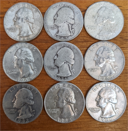 Washington Quarters Lot of (9) 90% Silver
