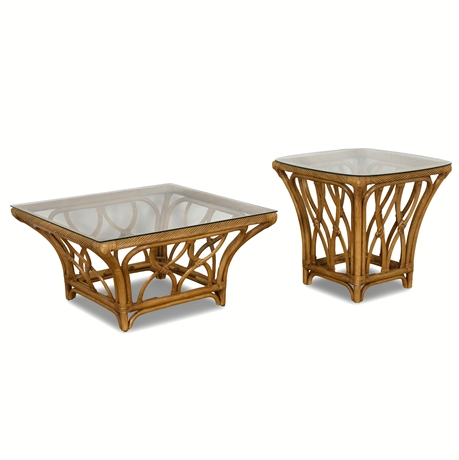 Vintage Rattan & Glass Cocktail Table and Side Table Set