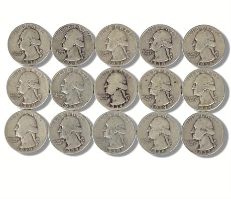 15 Washington Silver Quarters - Rare Dates & Mint Marks (1938–1939)