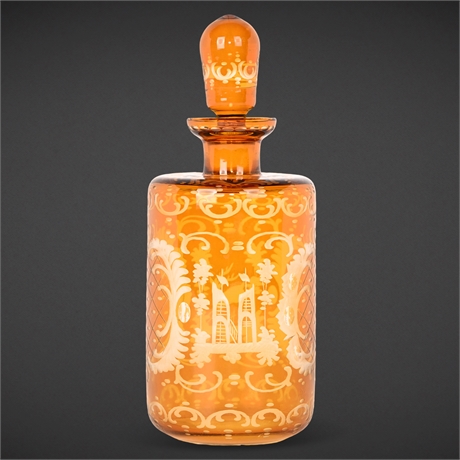Bohemian Amber Cut-to-Clear Glass Decanter, Stag & Castle, 7.5"