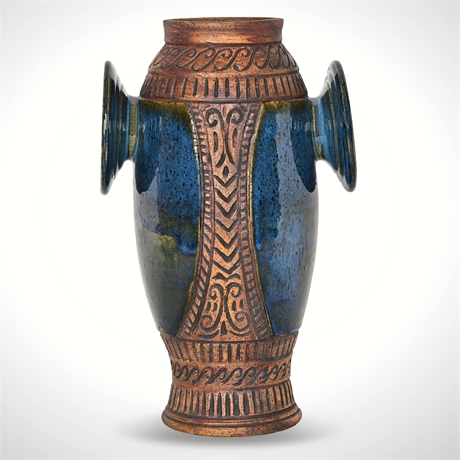 Studio Pottery Vase Signed Corry – 13 1/2", Blue Glaze & Terracotta