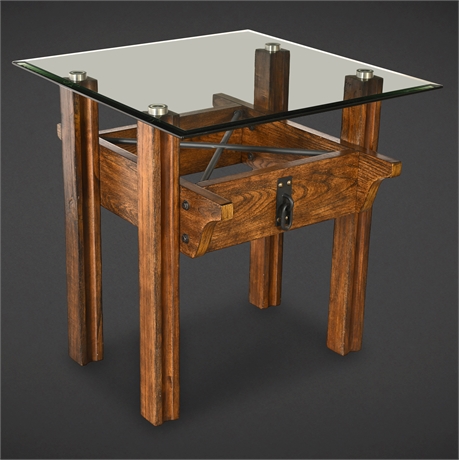 Industrial End Table – Wood, Glass & Metal Accents