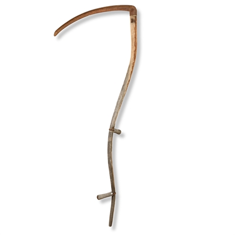 Antique Scythe – 66” Wood & Steel, Rustic Patina, Early 20th Century Farm Tool