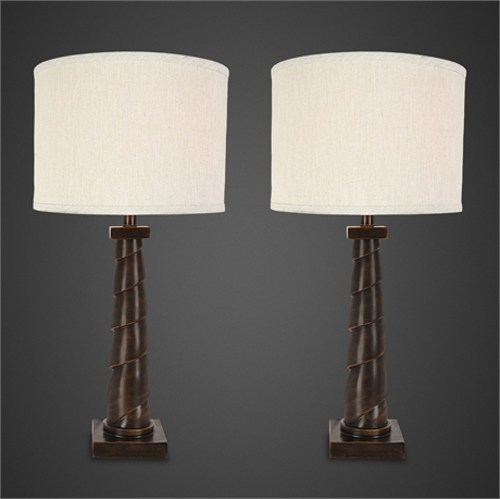 Pair of Twist-Column Table Lamps with Linen Drum Shades
