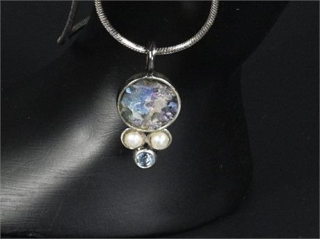 Roman Glass Sterling Necklace and Pendant