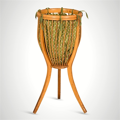 Mid-Century Bentwood Sewing Basket Stand with Floral Fabric Liner