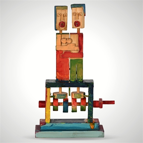 Hand-Carved Folk Art Automaton – Painted Kissing Couple, 8.75"