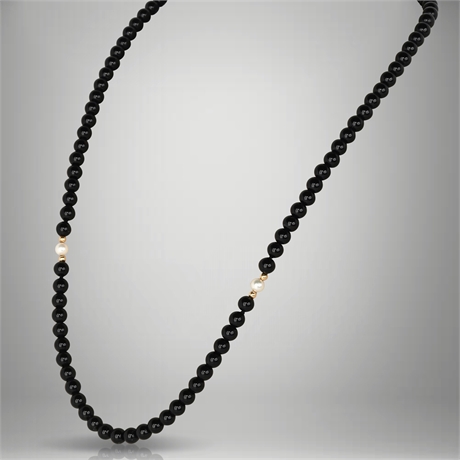 14K Gold Onyx & Pearl Necklace, 22" with 14K Pearl Clasp