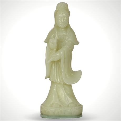 Celadon Serpentine Jade Figure of Guan Yin