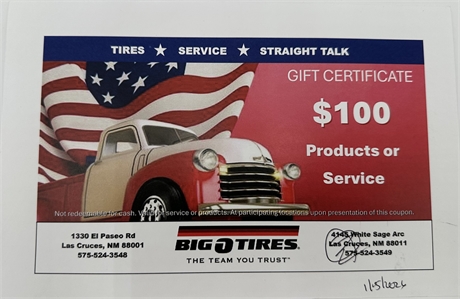 Big O Tires $100 Gift Certificate