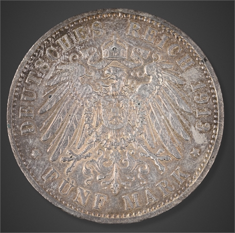 1913 Germany 5 Mark – Wilhelm II – Berlin Mint – .900 Silver