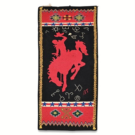 Hand-Hooked Cowboy Bronco Folk Art Rug — Patriotic Stars, Signed BT