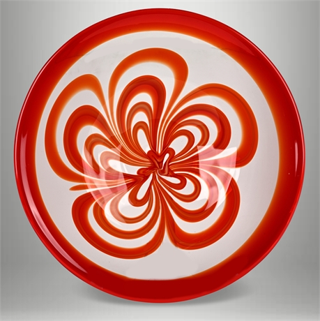 Mouth-Blown Red & White Swirl Art Glass Platter, 14.75"