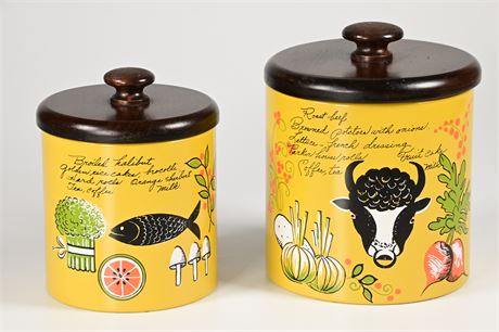 Pair of Vintage Tin Canisters with Wood Lids