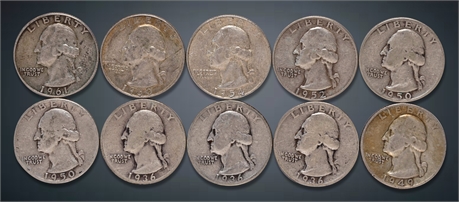 (10) 1930's, 40's, 50's & 60's Washington Silver Quarters